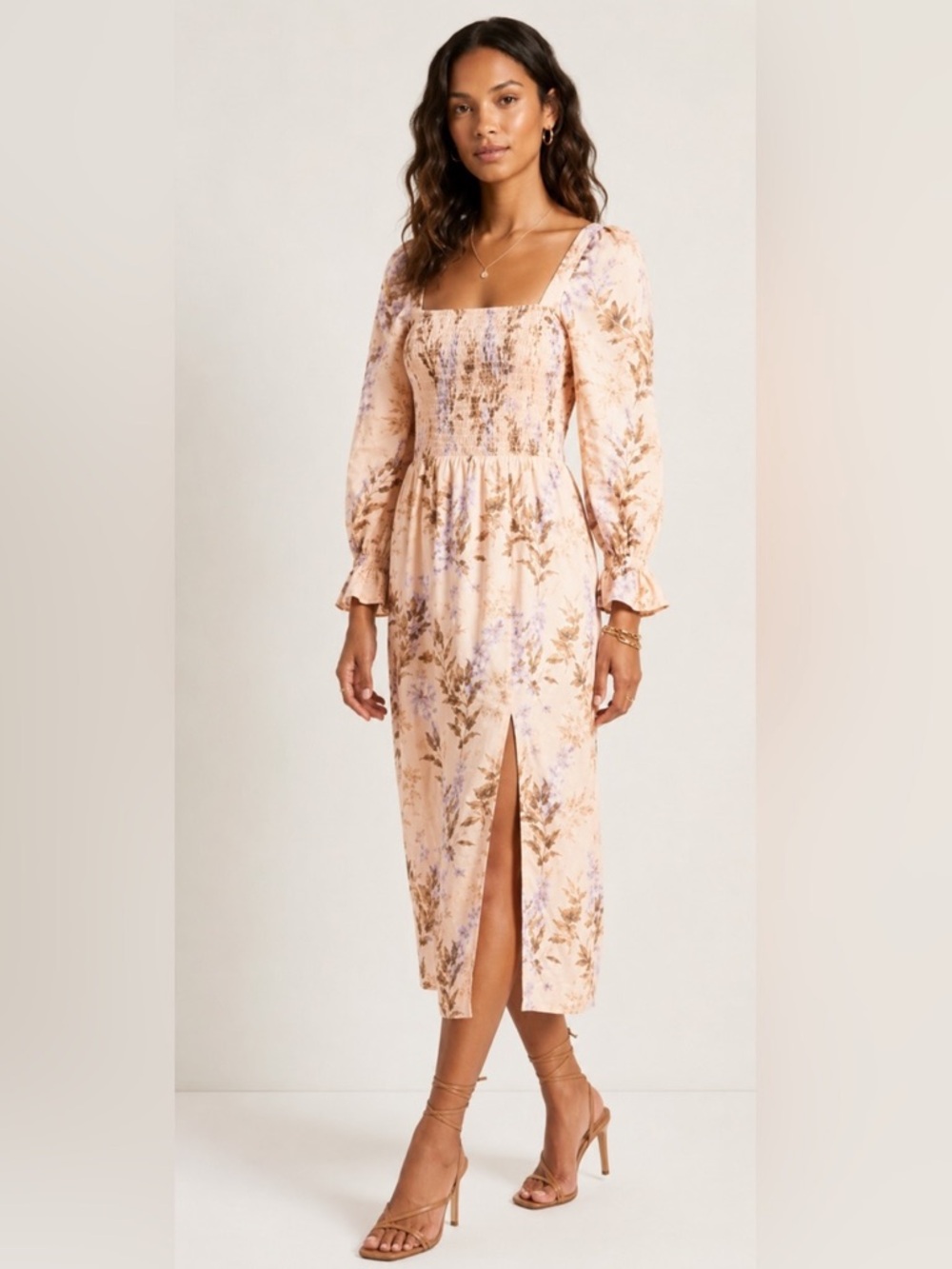 House of Harlow 1960 Linen Smocked Peach Floral Midi Dress Bishop Puff Sleeve